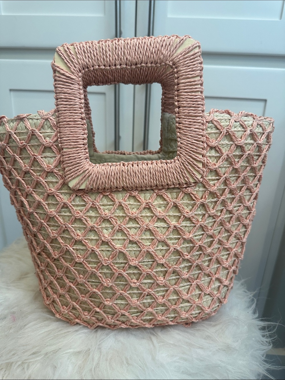 Handwoven Straw Tote with Pink Raffia Lattice
